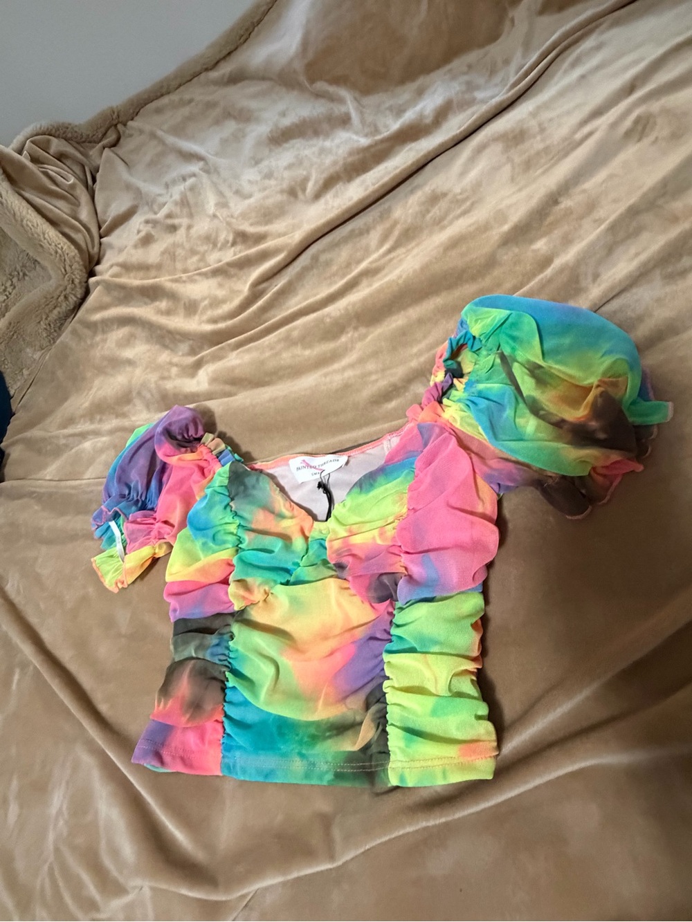 NWOT Painted Threads Ruched Rainbow Tie-Dye Puff Sleeve Crop Top Small
